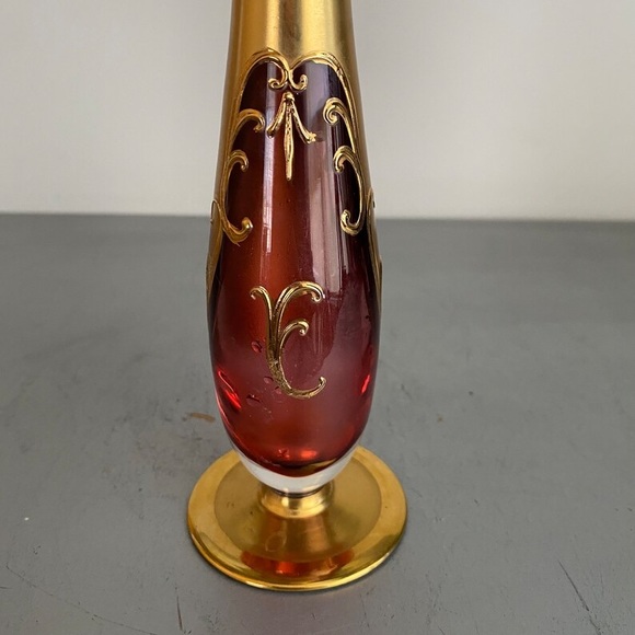 Bohemian Ruby Red Bud Vase with Raised Enamel Flowers Vintage  8 Inches. - Picture 2 of 6